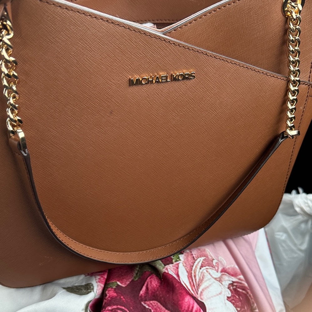 Michael Kors Tan Brown Saffiano Leather Shoulder Bag with Gold Hardware